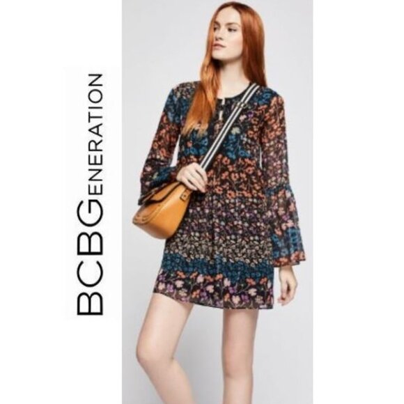 BCBGeneration, Boho BCBG lace up front floral print dress with bell sleeves - Picture 1 of 15
